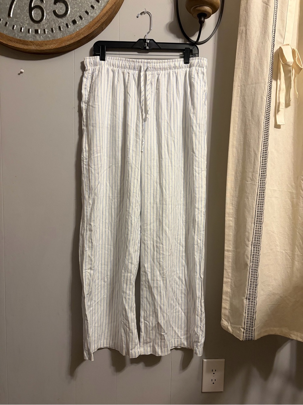 Rozas White Pinstripe Lounge Pants draw string and elastic waist